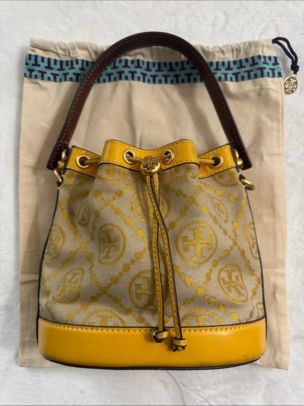 Tory Burch Yellow Logo Jacquard Drawstring Mini Bucket Bag